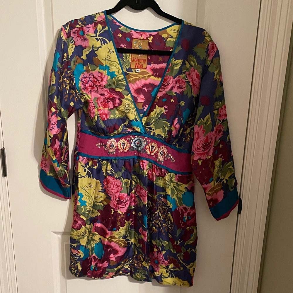 Johnny Was Multicolor Floral Tunic — Pink, Yellow, Blue, Green, Purple